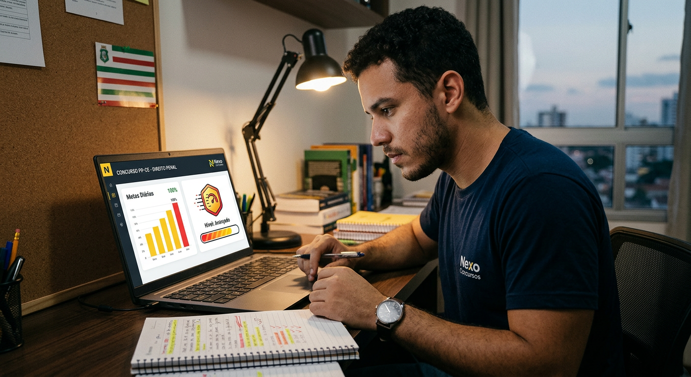 Estudante focado utilizando o Intensivão Turbo da Nexo Concursos para a Polícia Penal do Ceará, com cronograma de metas diárias na tela do laptop.