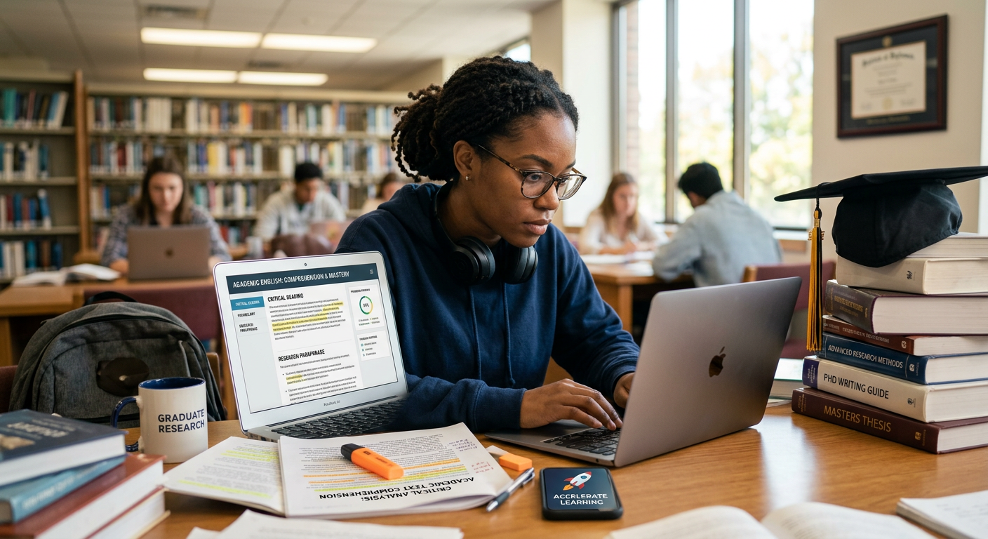 Estudante focada em laptop com textos acadêmicos em inglês, simbolizando a preparação para exames de proficiência de pós-graduação.