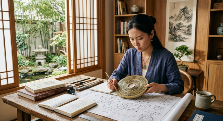 Pessoa estudando um Luo Pan (bússola de Feng Shui) e plantas arquitetônicas, em um ambiente harmonioso que reflete os princípios do Feng Shui tradicional. A imagem transmite a profundidade e o desafio inicial do aprendizado de Feng Shui clássico.