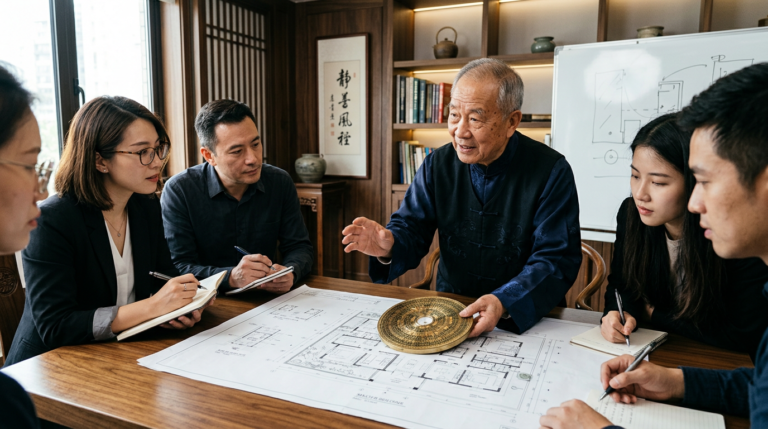Mestre Franz ensinando Feng Shui Tradicional com Luopan e plantas baixas a alunos em formação profissional.