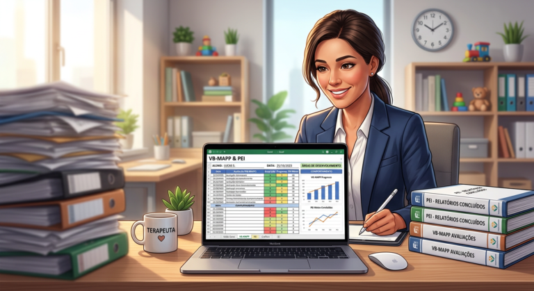 Psicóloga ou terapeuta ABA utilizando uma planilha Excel automatizada para gerar relatórios VB-MAPP e PEI, simbolizando a economia de tempo e a eficiência na documentação clínica.