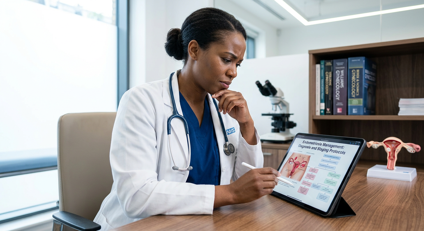 <h1>Endometriose na Prática: Quanto tempo leva para recuperar o investimento inicial?</h1> 1 https://www.comprasdigitais.com.br/endometriose-na-pratica-retorno-investimento/ Ginecologista focada estudando protocolos práticos para diagnóstico e manejo da endometriose em tablet.