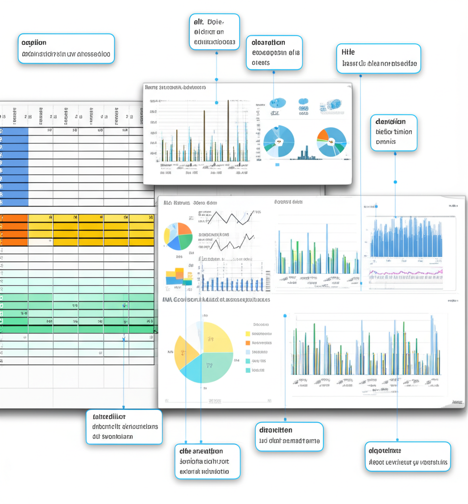 Ilustração de planilha Excel ao lado de dashboard Power BI com tags de metadados (alt, title, caption, description) sobrepostas.
