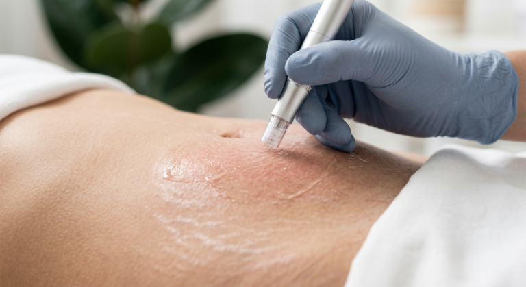 Mãos de profissional de estética aplicando soro regenerador e técnica de permeabilização em pele com estrias visíveis.