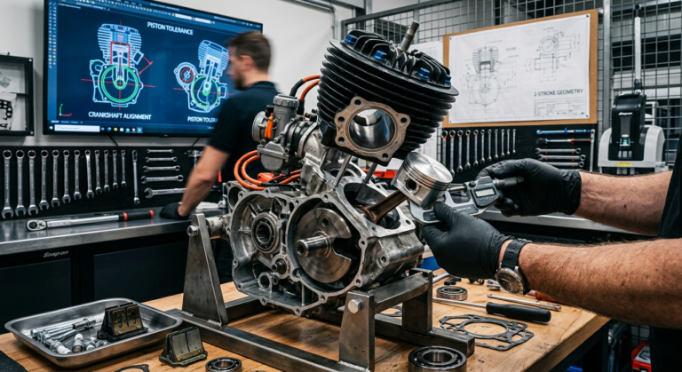 Engenheiro especialista trabalhando na preparação de um motor 2 tempos de alta performance, com ferramentas e esquemáticos visíveis.