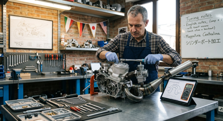 Engenheiro especialista ajustando motor 2 tempos (2T) com ferramentas de precisão em oficina, cercado por diagramas técnicos e componentes para alta performance, simbolizando a preparação avançada de motores.