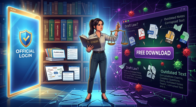 Ilustração de contraste: portal de login oficial seguro da Assinatura Ilimitada para concursos jurídicos versus caminho obscuro de download grátis, simbolizando segurança no estudo.