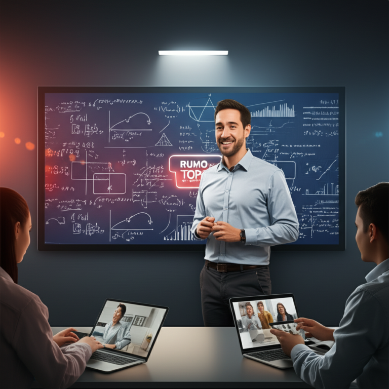 Matemática com Sandro Curió Review: Aprenda sem decoreba e sem medo 9 https://www.comprasdigitais.com.br/acesso-ao-curso/page/96/ Ilustração de Sandro Curió ensinando matemática em um ambiente digital com fórmulas coloridas e estudantes usando laptops.