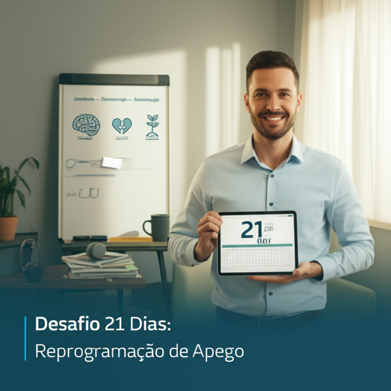 Psicólogo Mateus José (Desafio 21 Dias): O Risco da Desconstrução Sem Guia. 8 https://www.comprasdigitais.com.br/acesso-ao-curso/page/96/ Psicólogo Mateus José em estúdio de terapia, apresentando o Desafio 21 Dias de Reprogramação de Apego, com diagrama de Consciência, Desconstrução e Reconstrução ao fundo.