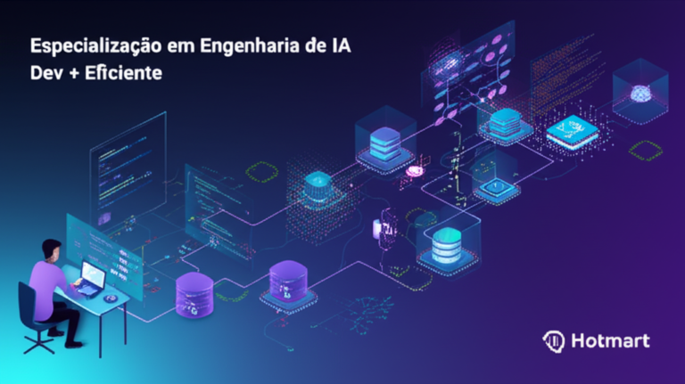Especialização em Engenharia de IA Dev + Eficiente: A Anatomia Técnica que os Gurus Ignoram 7 https://www.comprasdigitais.com.br/acesso-ao-curso/page/96/ Ilustração de um desenvolvedor construindo sistemas de IA generativa com pipelines de dados, embeddings e LLMs, representando o curso de Engenharia de IA Dev + Eficiente.