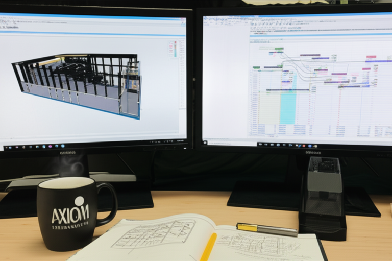 Um Arquiteto (Formação Axiom Revit): 10 meses para dominar ou dinheiro perdido? 4 https://www.comprasdigitais.com.br/acesso-ao-curso/page/96/ Estação de trabalho de arquiteto exibindo modelo BIM no Revit com agenda 4D/5D e logo da Axiom Treinamentos.