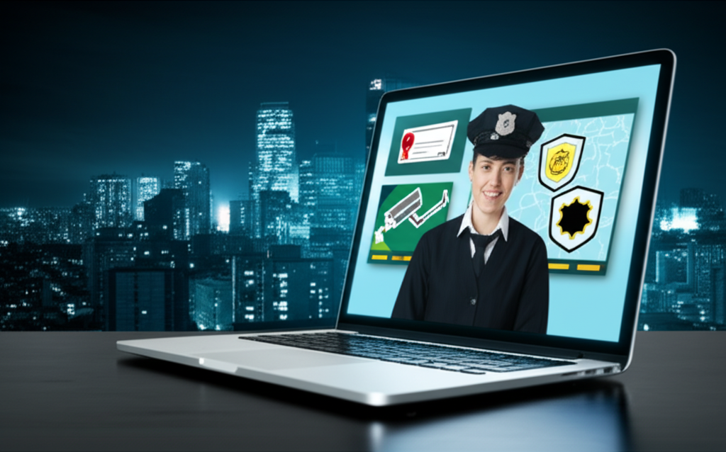 Ilustração de ambiente de aprendizado online em segurança pública e privada, com ícones de polícia e educação.