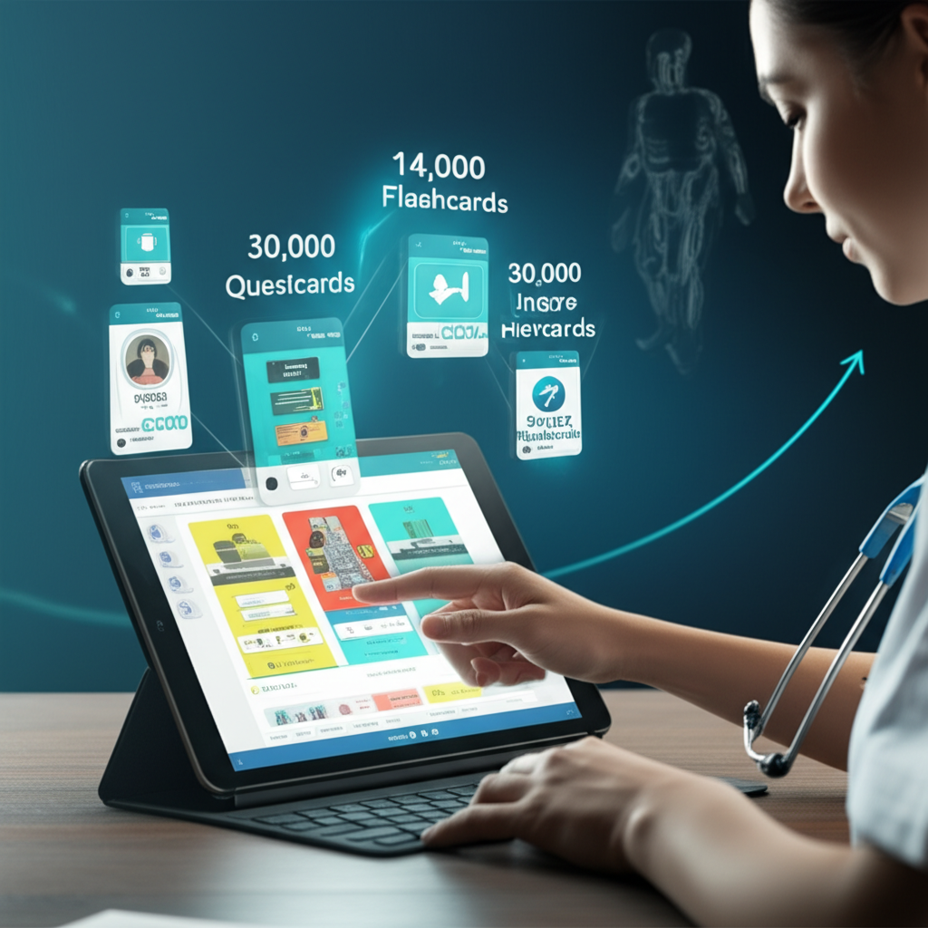 Estudante de medicina usando o aplicativo Medcards FULL em um tablet, exibindo flashcards e banco de questões com gráficos de ROI ao fundo.