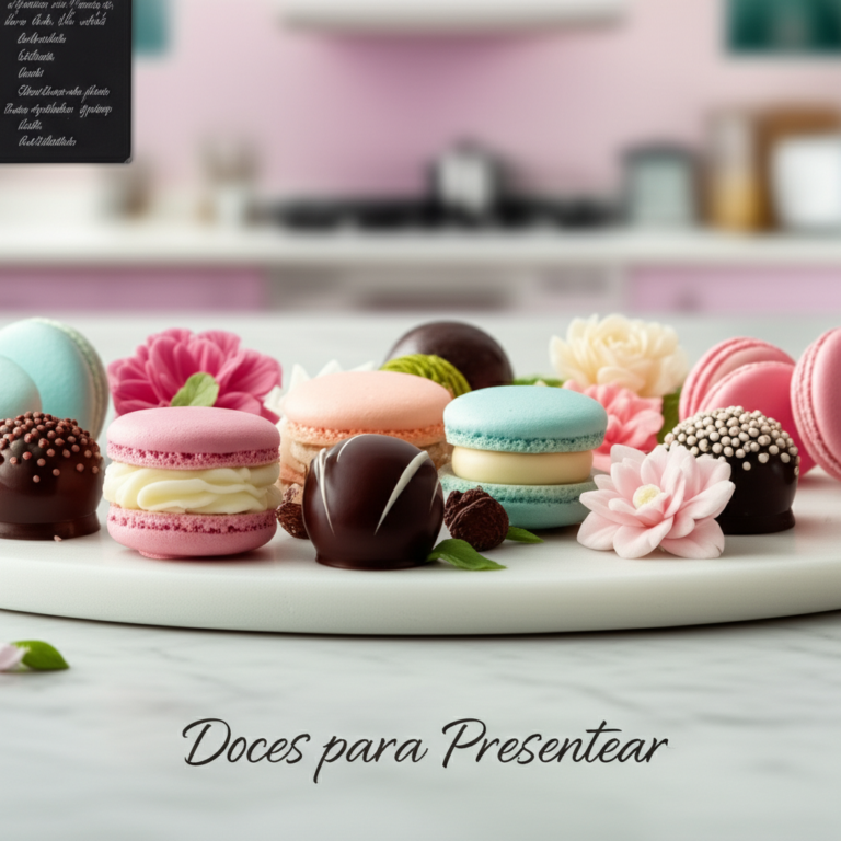 Assortimento de doces finos e modelados, como macarons, trufas e flores de açúcar, dispostos em um prato de mármore branco, representando o curso online "Doces para Presentear" de Ísis Alvarez.