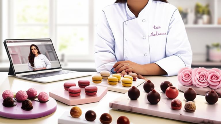 Ísis Alvarez surrounded by beautifully crafted gourmet sweets for gifting, in a modern kitchen studio with a laptop displaying her online confectionery course.