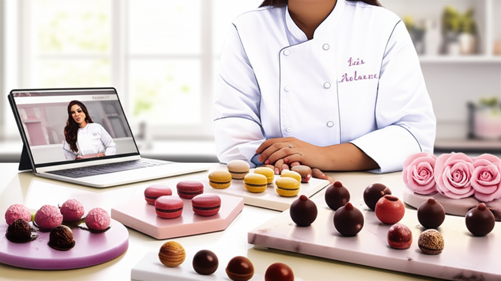Ísis Alvarez surrounded by beautifully crafted gourmet sweets for gifting, in a modern kitchen studio with a laptop displaying her online confectionery course.