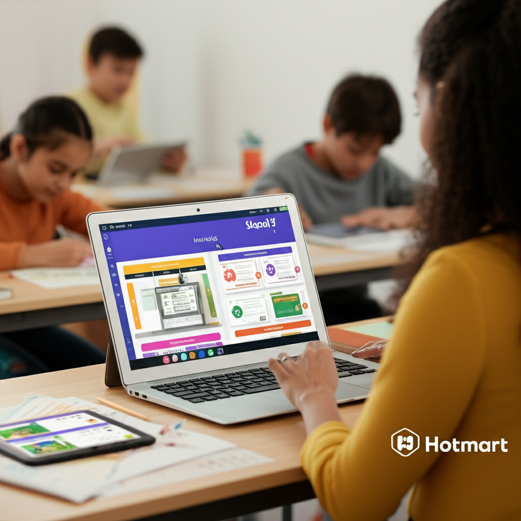 Professor usando a plataforma Skooly de IA para gerar planos de aula e materiais pedagógicos em um ambiente de sala de aula digital.