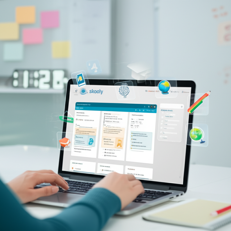 Tela da plataforma Skooly exibindo geração automática de planos de aula, atividades e avaliações por IA, em um ambiente de sala de aula digital.