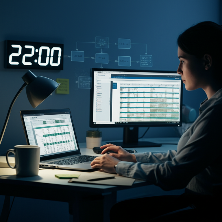 Analista trabalhando à noite (22h) com Excel e Power BI em um home office, exibindo dashboards e fórmulas DAX.