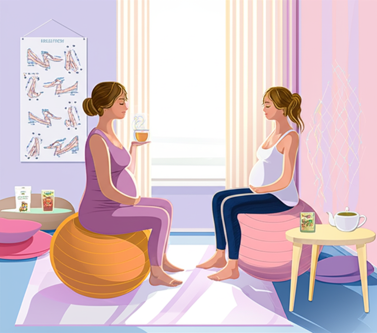 Parto mais fácil 4 https://www.comprasdigitais.com.br/acesso-ao-curso/page/102/ Mulher grávida em fase final de gestação praticando técnicas de indução natural para um parto mais fácil, com chá, posições e apoio de parteira.