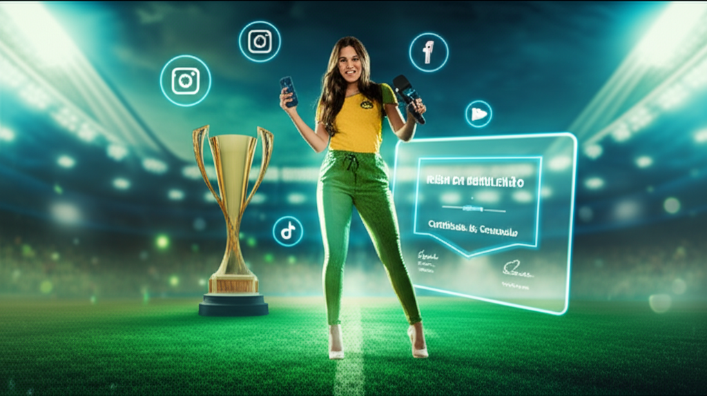 Jovem modelo posando em estádio de futebol brasileiro, simbolizando a Musa do Brasileirão, com smartphone, microfone, ícones de redes sociais e certificado digital ao fundo.