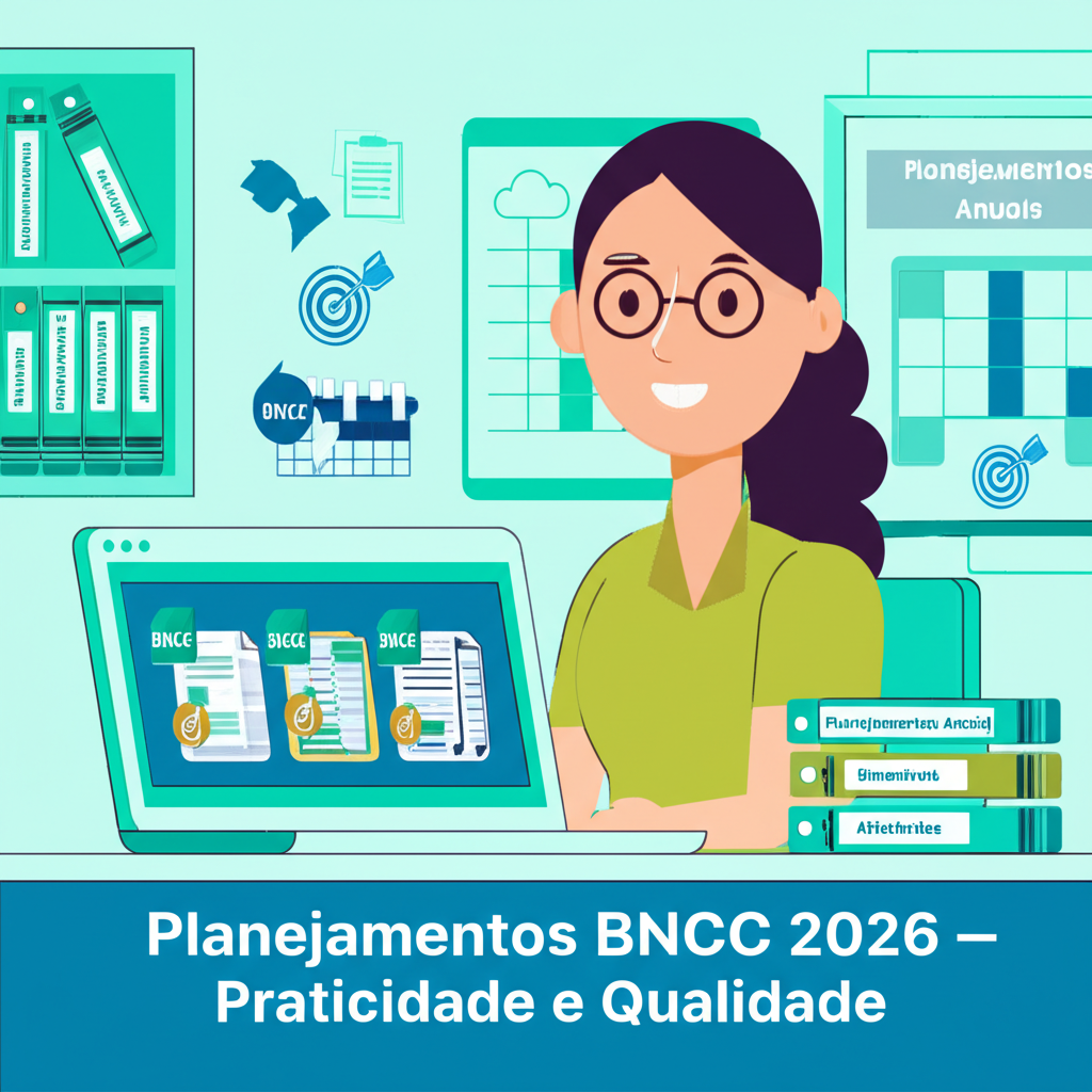 Planejamentos BNCC 2026 Vale a Pena? Facilite sua rotina escolar agora 1 https://www.comprasdigitais.com.br/planejamentos-bncc-2026-vale-a-pena-facilite-sua-rota-escolar/ Professora usando laptop com documentos de planejamento BNCC 2026, rodeada por materiais escolares organizados.