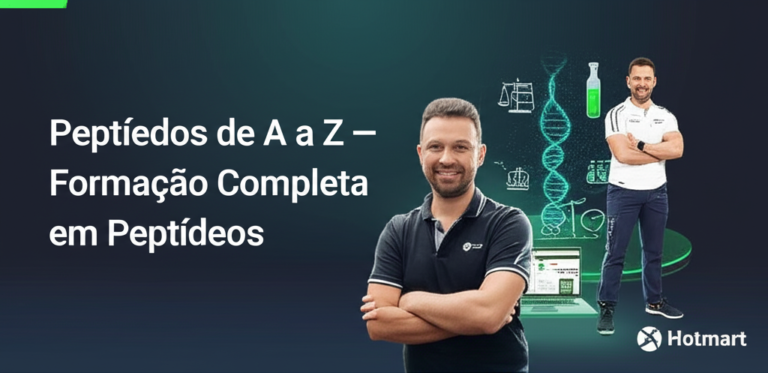 Ilustração digital do curso Peptídeos de A a Z – Formação Completa em Peptídeos, mostrando o produtor Thiago Bechara ao lado de uma hélice de aminoácidos e ícones de cálculo de dose, preparo e legislação.