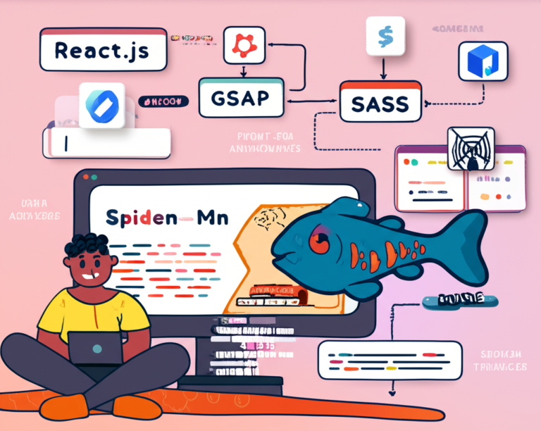 Jovem programador estudando o curso FrontPush 4.0, rodeado por ícones de Figma, React, GSAP e MySQL, com projetos como landing page do Spider‑Man e modelo 3D de peixe ao fundo.