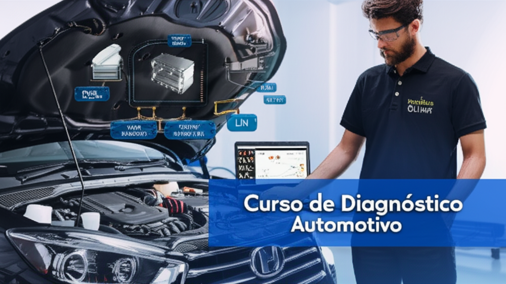 Mecânico profissional realizando diagnóstico automotivo avançado com laptop conectado ao carro, mostrando redes CAN Bus, LIN e CAN FD.