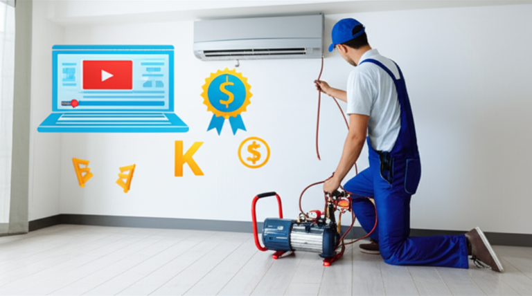 Curso Ar Condicionado Split Vale? Ganhe dinheiro com instalação e manutenção 7 https://www.comprasdigitais.com.br/acesso-ao-curso/page/92/ Técnico instalando um ar condicionado split enquanto ícones digitais de curso online, certificado e dinheiro flutuam ao redor.