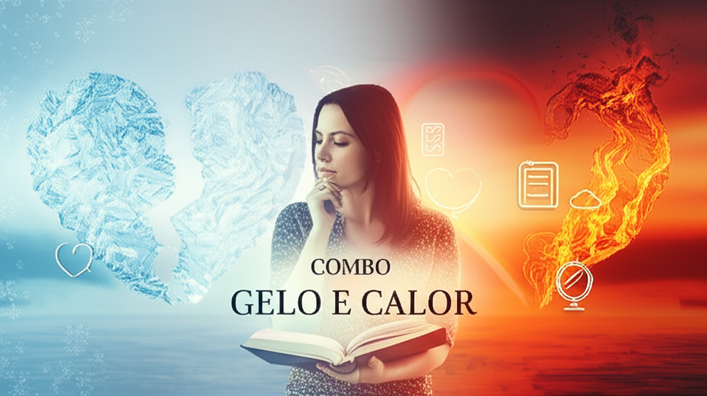 Ilustração dividida ao meio mostrando gelo e fogo: cristais de gelo formando um coração partido à esquerda e chamas formando um coração inteiro à direita, com uma mulher segurando um e‑book no centro, simbolizando equilíbrio entre emoções frias e intensas.