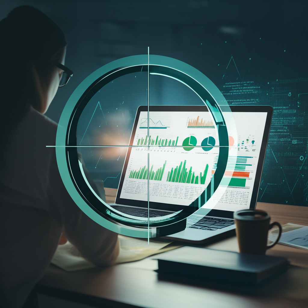 Ilustração de um laptop aberto com planilha Excel cheia de dashboards e gráficos, sobreposta por uma mira de sniper que destaca uma célula, simbolizando precisão ao dominar planilhas.