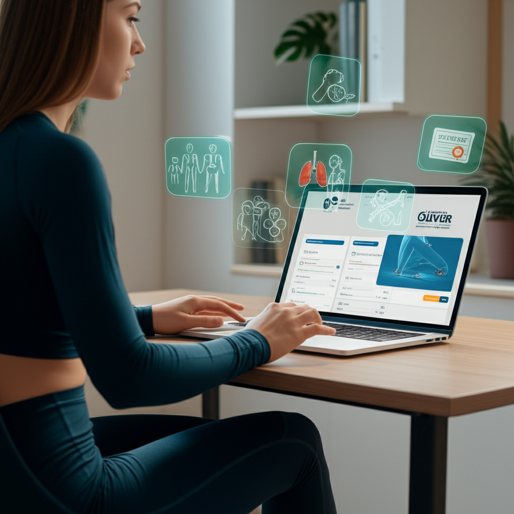 Estudante de Educação Física estudando a distância em casa, com laptop, ícones de anatomia, fisiologia e diploma do Instituto Óliver.