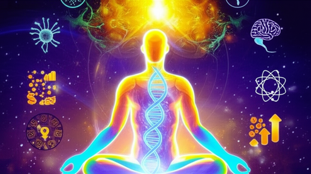 Silhueta humana com DNA brilhante, rodeada por ícones de neurociência, psicologia, física quântica e símbolos de prosperidade, em fundo azul‑índigo e dourado.