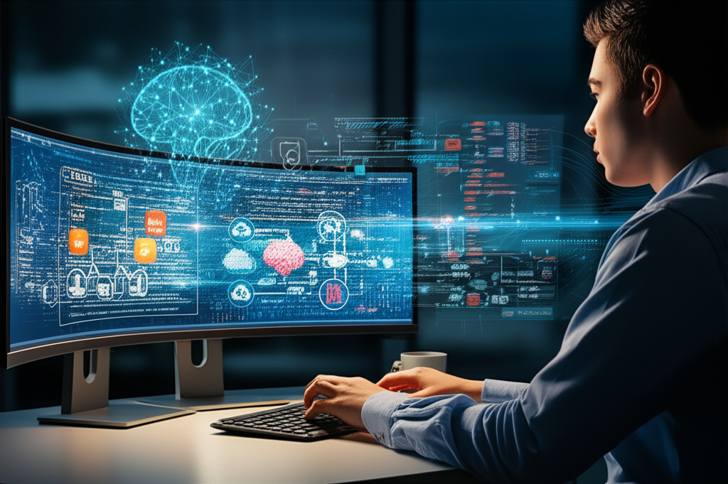 Desenvolvedor trabalhando em um escritório moderno, rodeado por monitores que exibem código, diagramas de pipeline RAG e ícones de IA generativa.