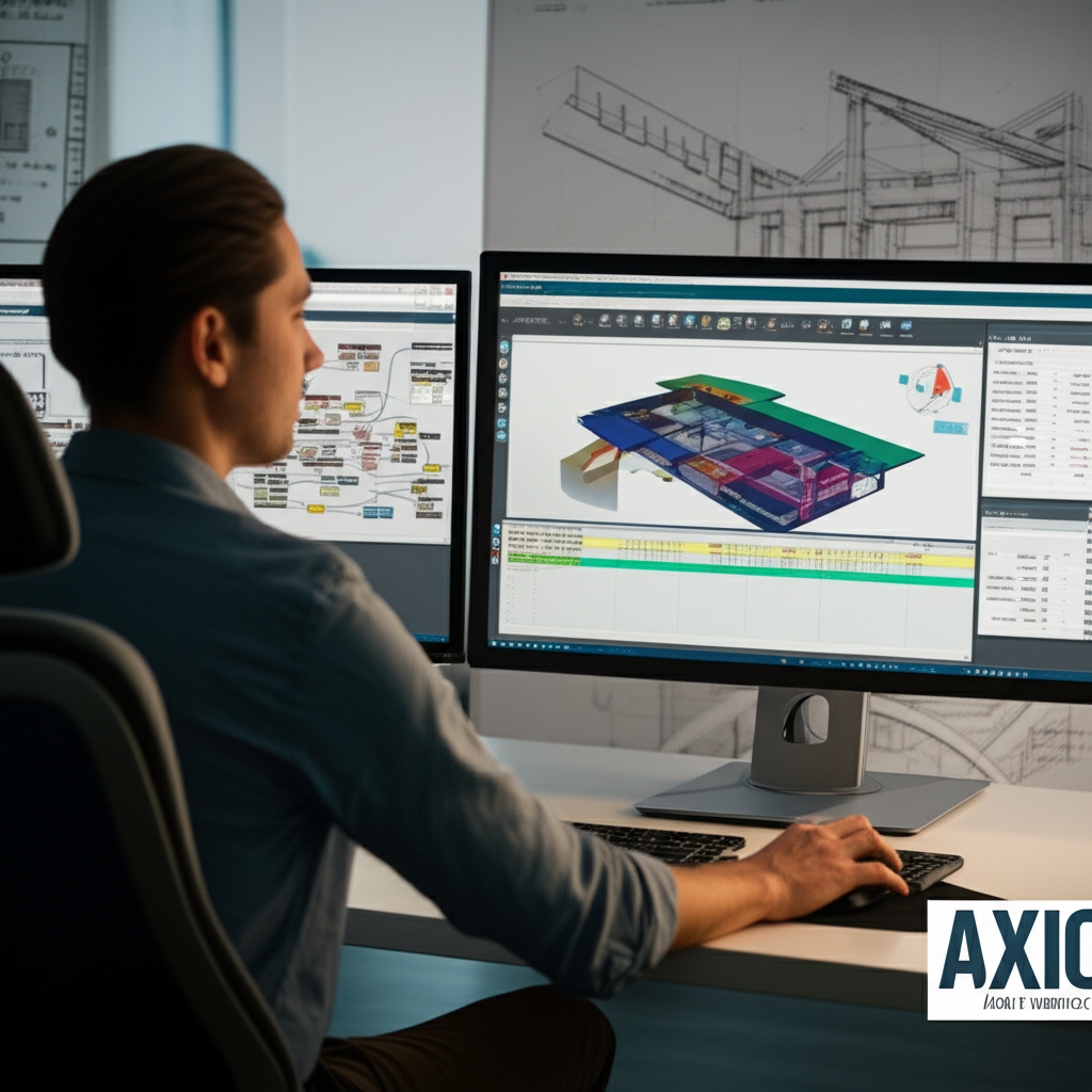 Arquitet@ usando Revit 2025 com modelo BIM, Dynamo e Navisworks, sob logo da Axiom Treinamentos