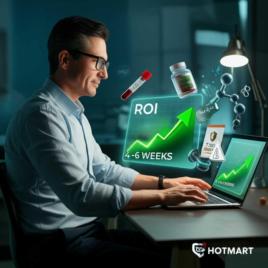 Illustration of a man reviewing ROI graph for Clube da Testo with health‑related icons.