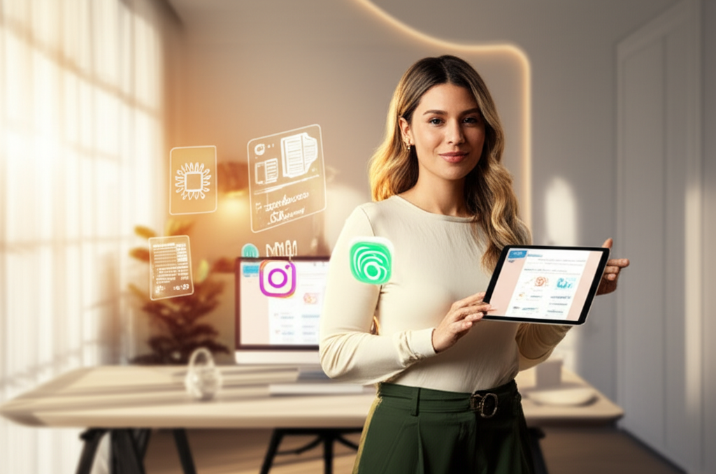 Nati Abreu apresentando o curso Segredos da Renda Automática, com ícones de IA, produtos digitais e anúncios Meta ao fundo.