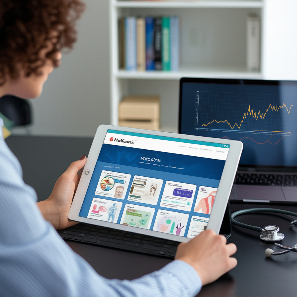 Tela do aplicativo Medcards FULL em um tablet, exibindo flashcards de medicina com imagens, mnemônicos e animações, ao lado de materiais de estudo médicos.