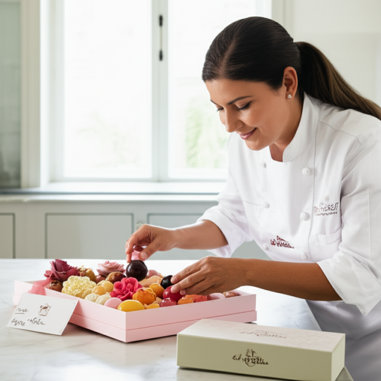 Ísis Alvarez decorando sofisticados doces finos em uma caixa de presente, pronta para venda online.