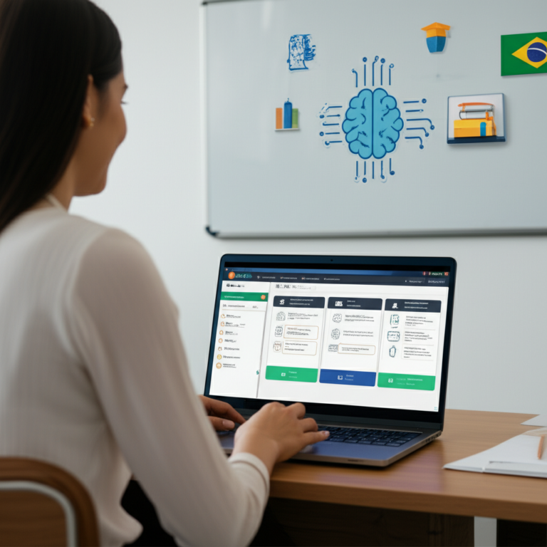 Professor usando a plataforma Skooly em laptop, gerando planos de aula e materiais pedagógicos com IA.