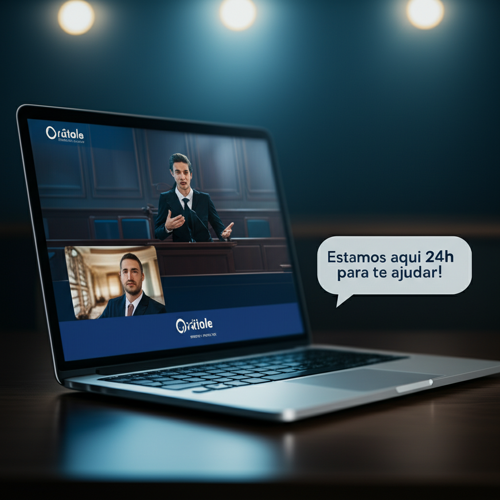 Advogado confiante praticando oratória jurídica com apoio 24h da formação Orátole, em ambiente de tribunal noturno.